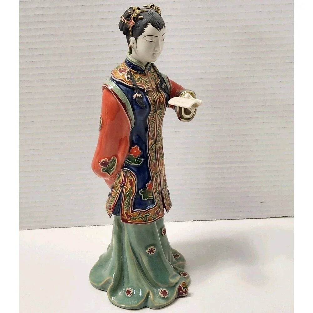 Shiwan Chinese Porcelain Standing Court Lady Figurine Reading Book Scroll EUC